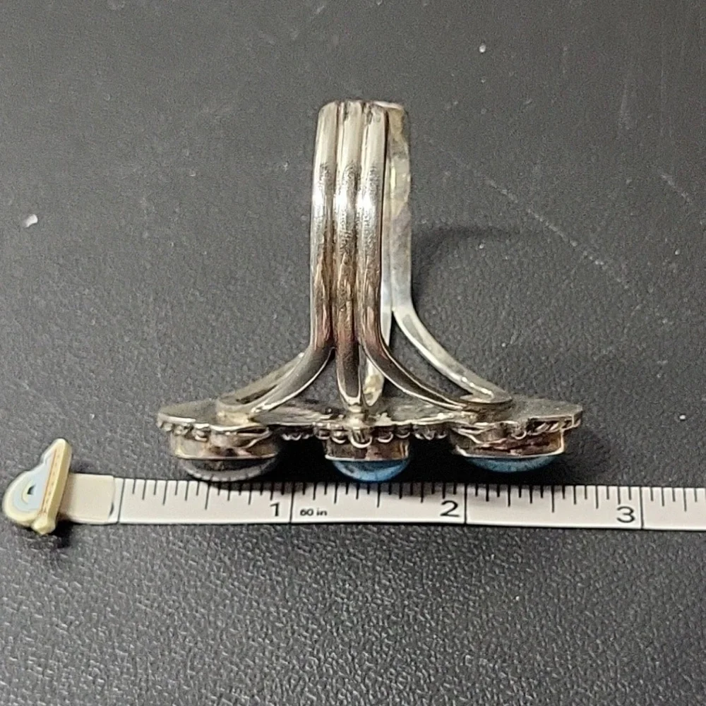 Native American Large Sterling Silver Triple Turquoise Stone Cuff Bracelet ... - Picture 13 of 14